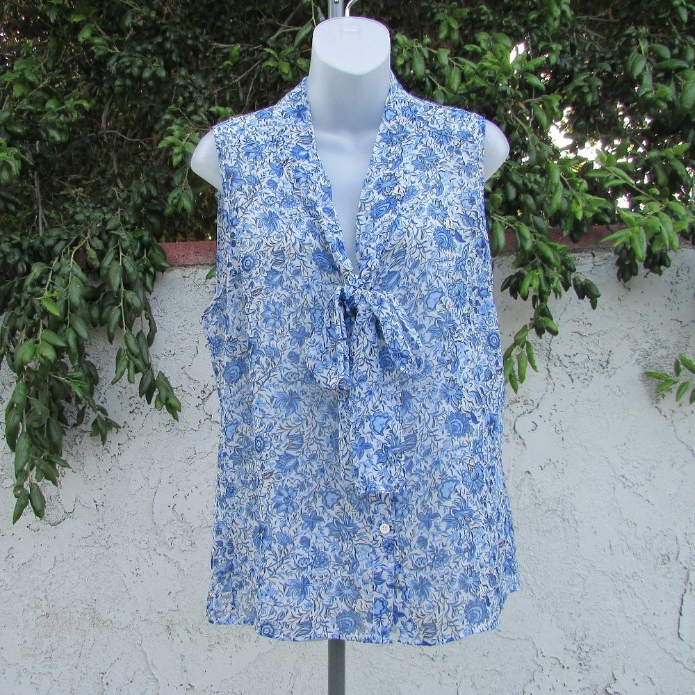 Ally blue white tie neck sleeveless blouse 10